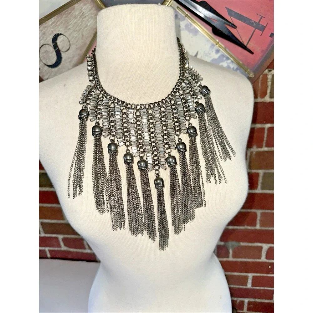 Unbranded Statement Bib Necklace Women OS Gunmetal Crystal Fringe Excellent
